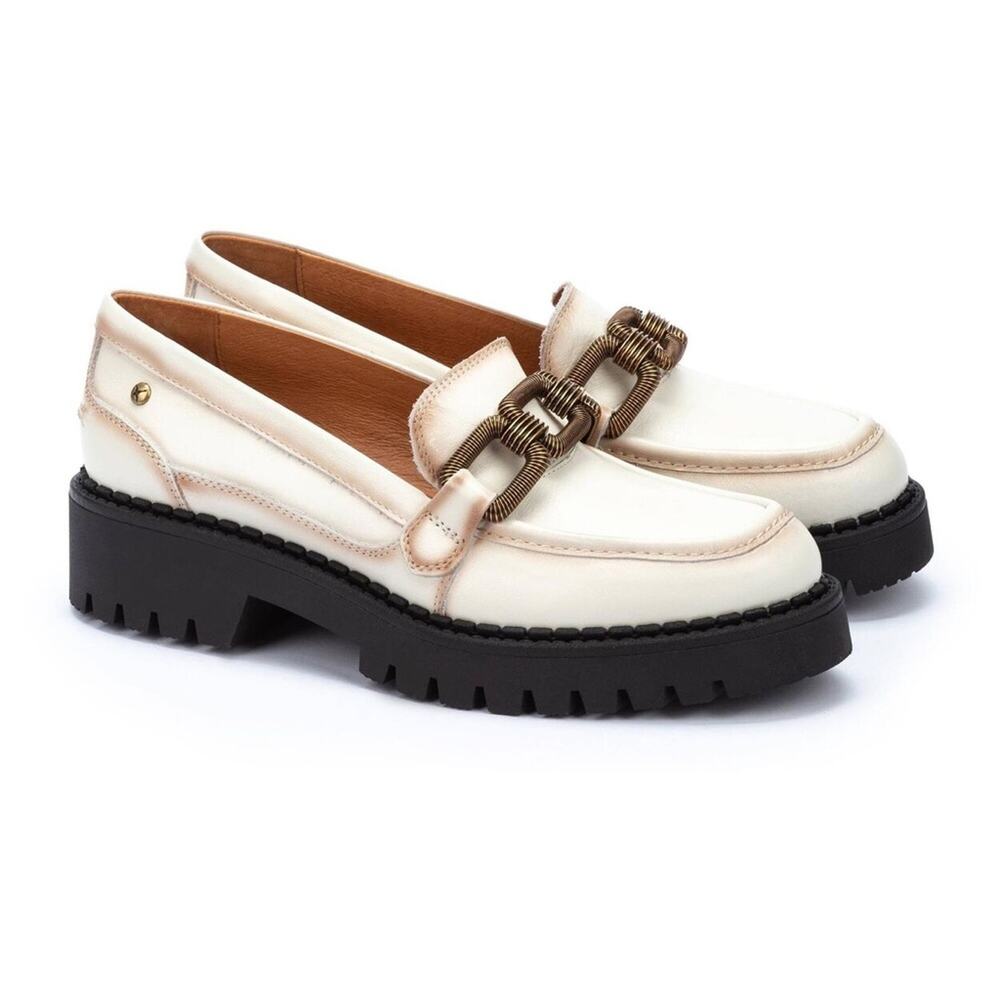 Pikolinos Aviles Nata Leather Platform Loafers Chain Link Chunky Sz 37/ 6.5-7